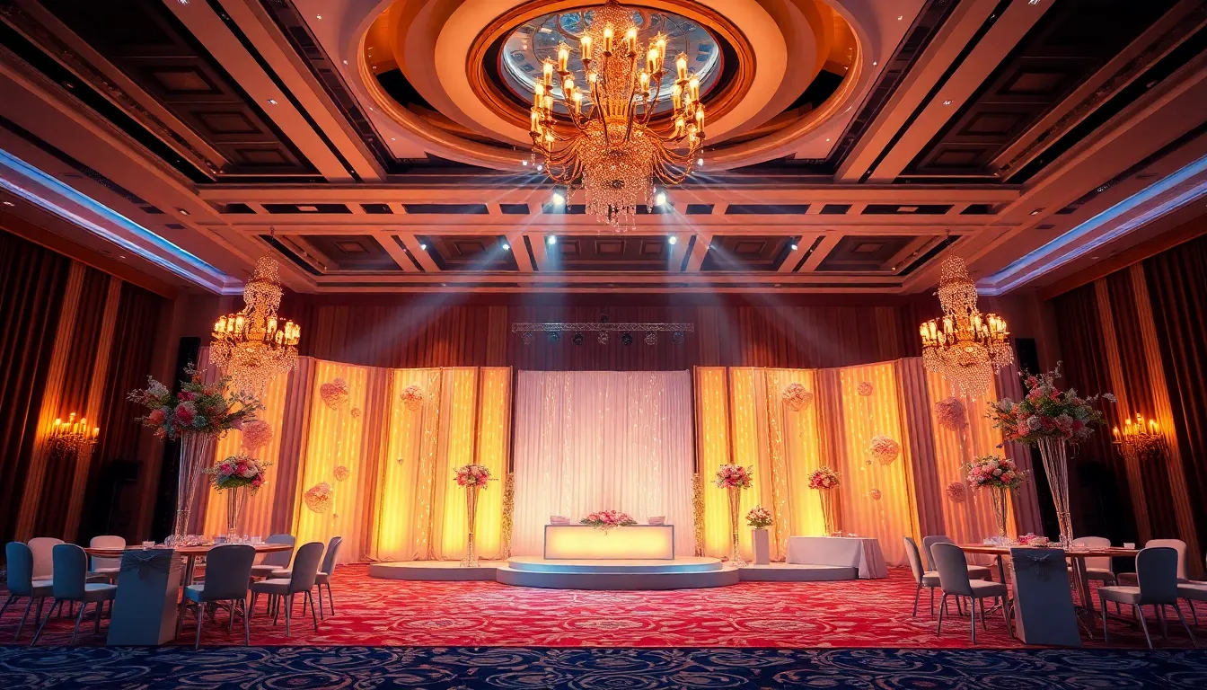 Luxury event setup with golden lighting